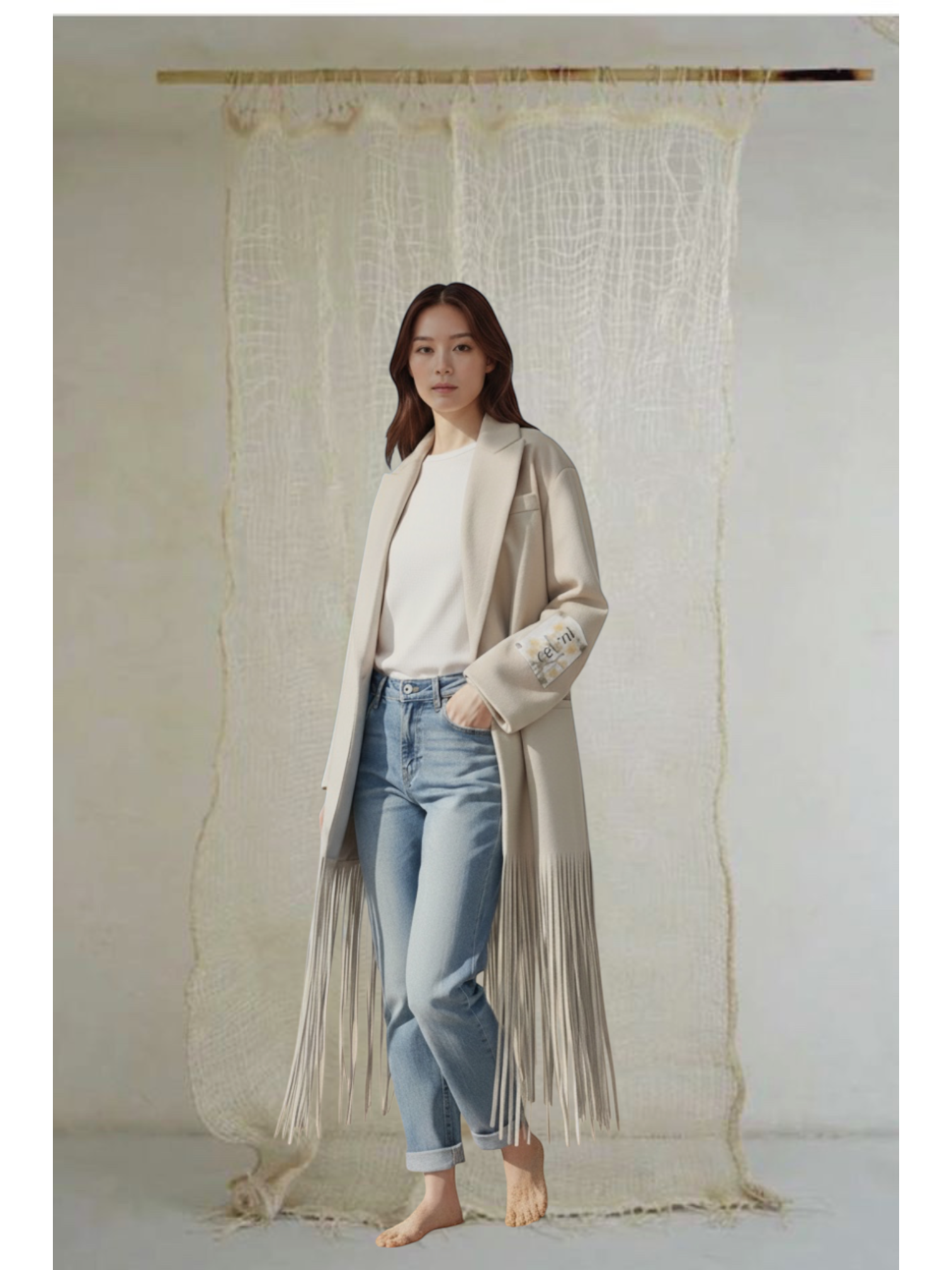 Celeni light beige oversized coat with fringe detail, notch lapels, and buttoned cross closure. Made from recycled polyester, wool, and cotton.