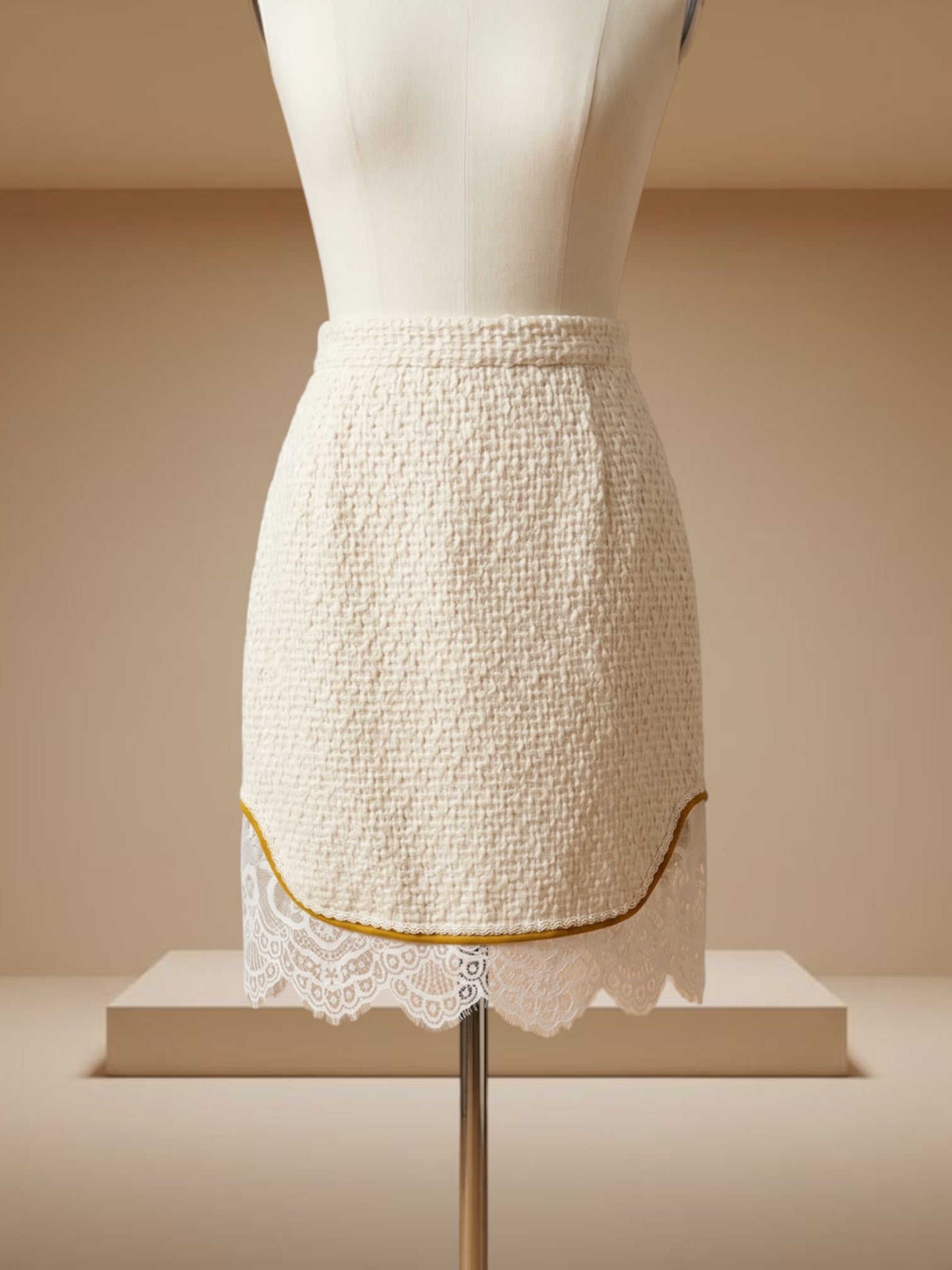 Celeni cream tweed pencil skirt with white lace trim and gold piping detail. High-waisted, knee-length.