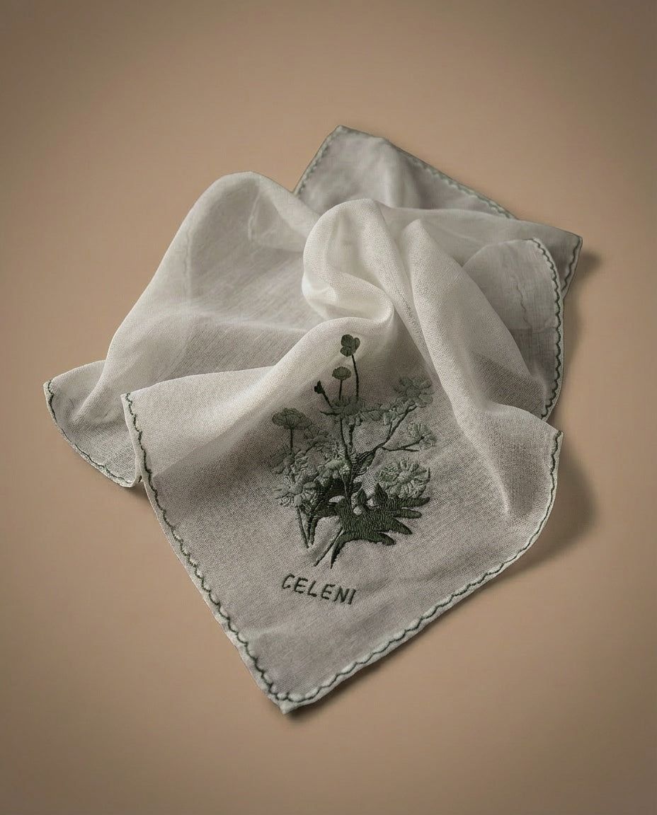 Celeni white linen square scarf with green floral embroidery and scalloped edge. 42x42cm.