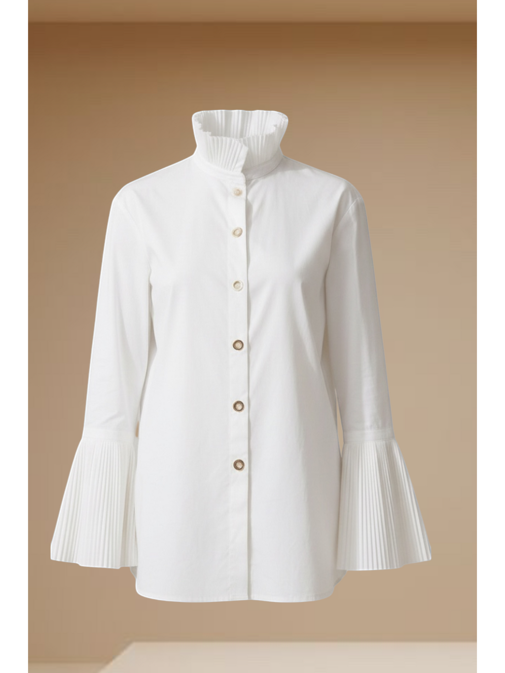 Celeni white cotton blend blouse with pleated standing collar, long pleated cuffs, and gold eyelet buttons. Long cut, perfect for summer.
